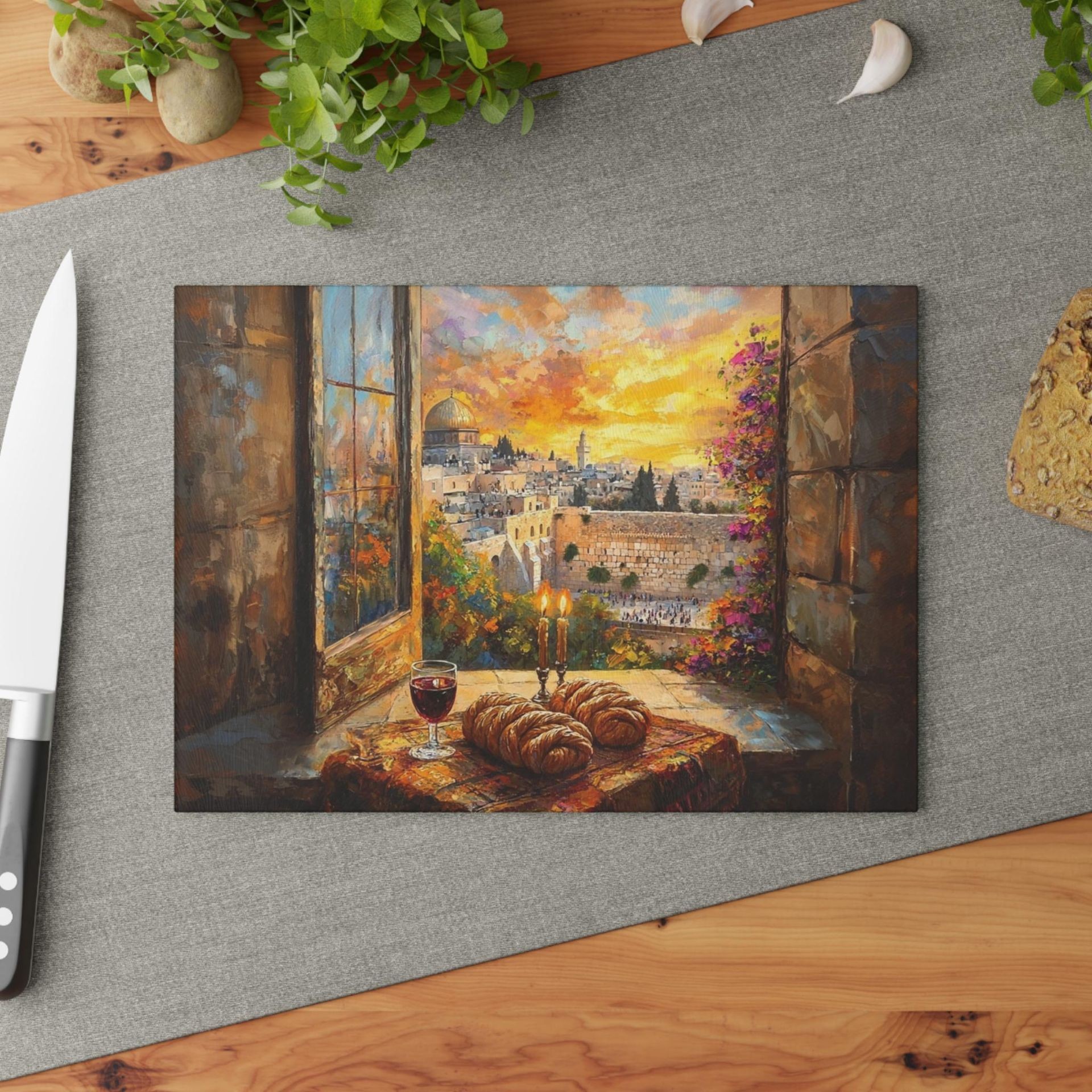 A Glass Challah Board, Jewish Artwork, Challah Plate, Shabbat Table Decor, Jewish Home Decor, Jerusalem Old City Artwork