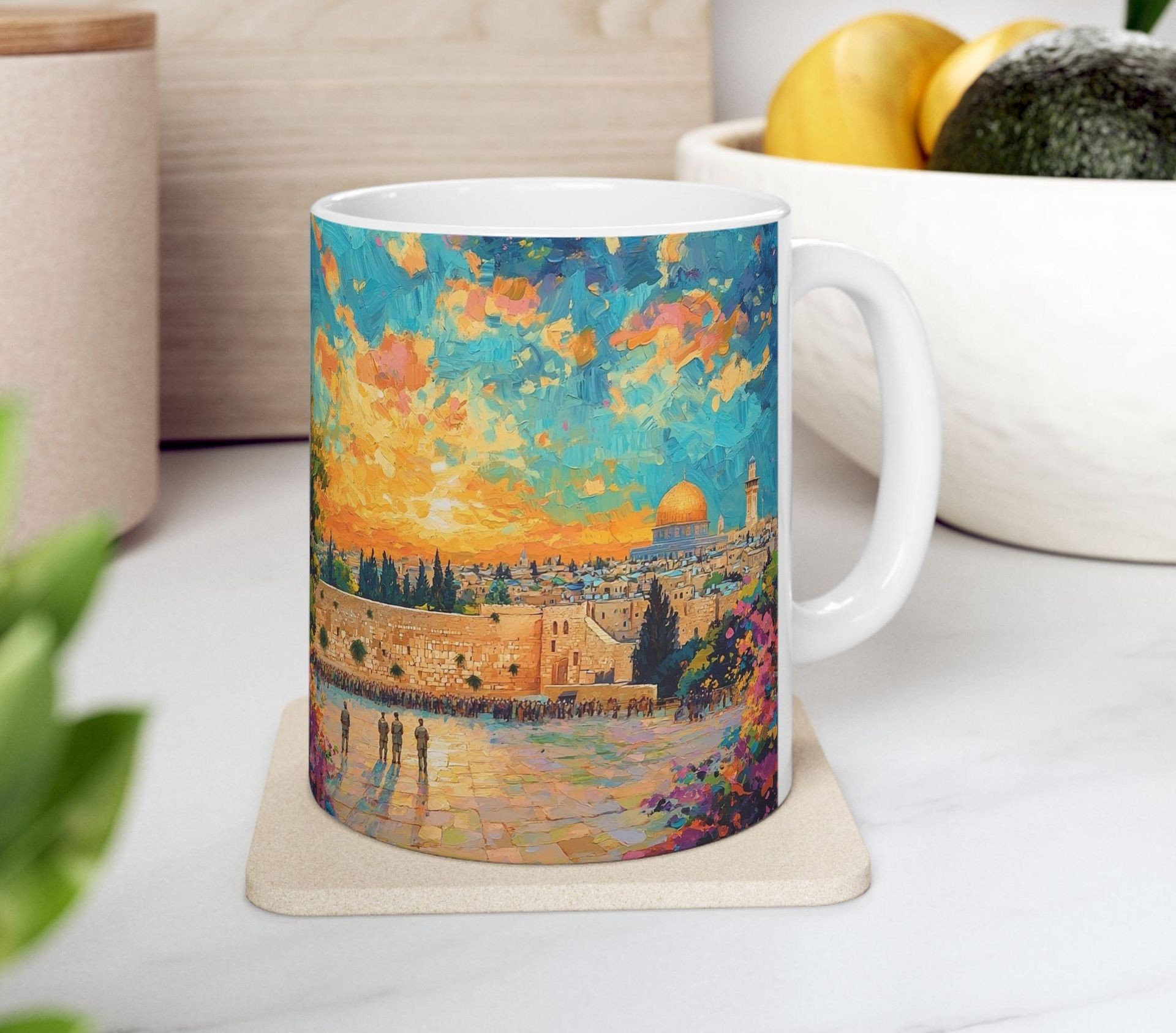 A Ceramic Jewish Mug, Mug Kotel Deisgn, Jerusalem Old City Artwork, Jewish Home Decor, Hebrew Mug, Jerusalem Old City Painting, Kotel Artwork