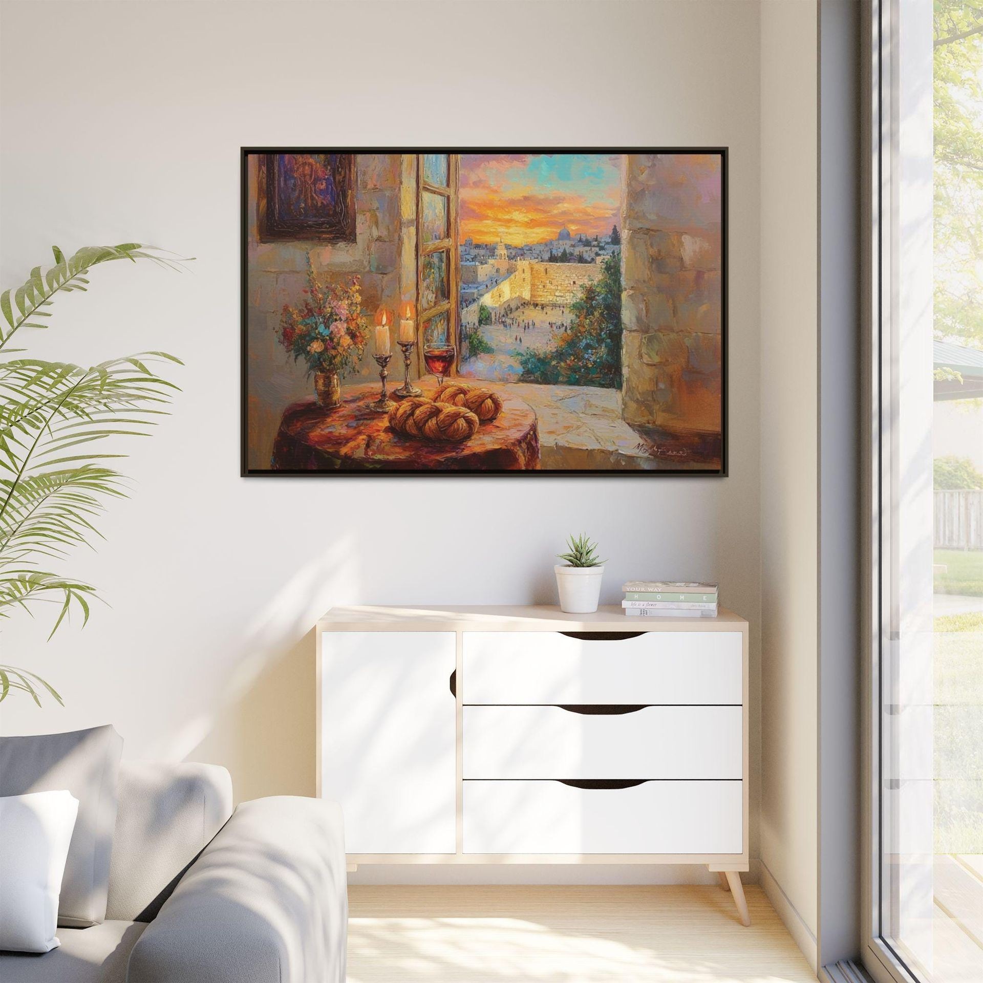 A Jewish Framed Canvas, Shabbat Artwork, Challah Atwork, Kotel Jerusalem Artwork, Jerusalem Painting, Jewish Wedding Gift 
